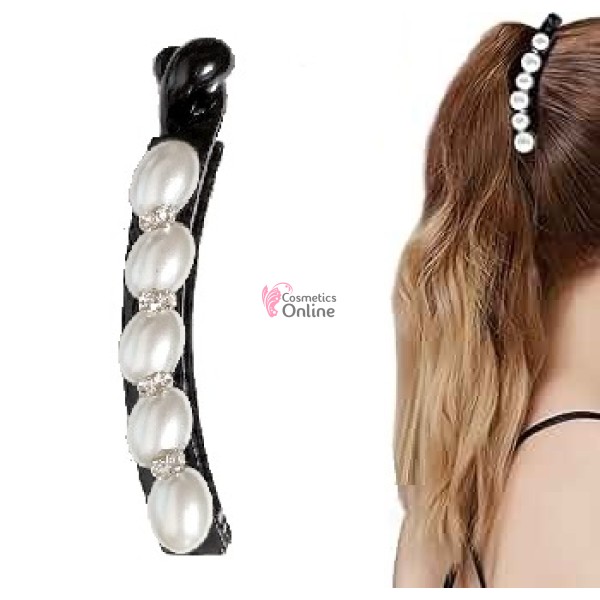 Accesoriu tip banana pentru prins parul din plastic PZS008DD - Neagra cu perle